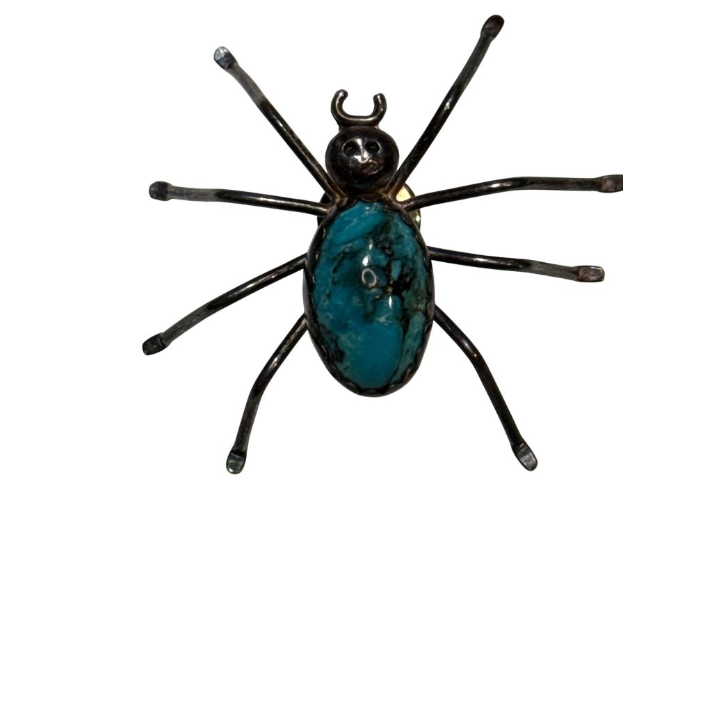 Vintage Navajo Sterling Silver With Cabochon Turquoise Spider Pin Brooch Handm